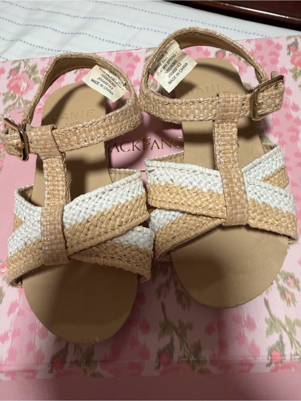 Janie and Jack Tan and White Braided T-Strap Sandals